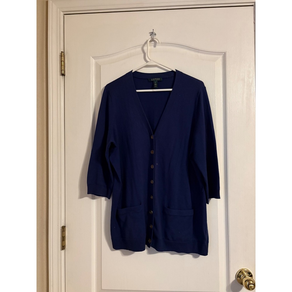 Lauren Ralph Lauren Cardigan Women 1X Navy Blue Excellent Cotton Gold Button